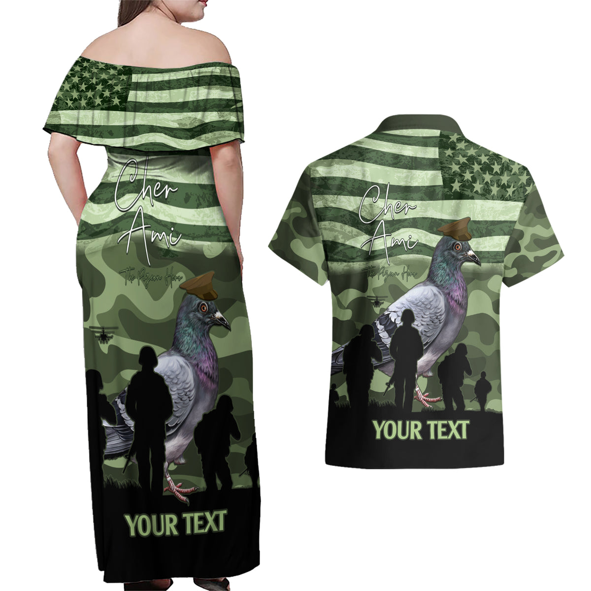 Personalized USA Cher Ami Couples Matching Off Shoulder Maxi Dress and Hawaiian Shirt Lest We Forget Pigeon Hero - Wonder Print Shop