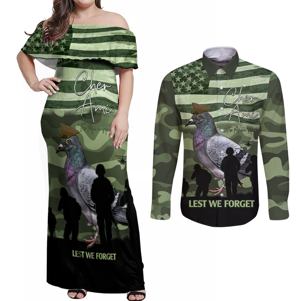 Personalized USA Cher Ami Couples Matching Off Shoulder Maxi Dress and Long Sleeve Button Shirt Lest We Forget Pigeon Hero - Wonder Print Shop