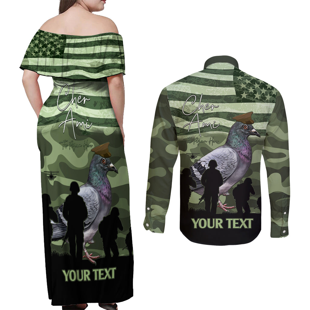 Personalized USA Cher Ami Couples Matching Off Shoulder Maxi Dress and Long Sleeve Button Shirt Lest We Forget Pigeon Hero - Wonder Print Shop