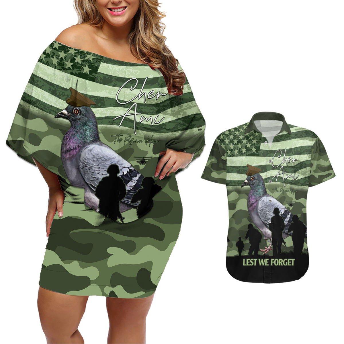 Personalized USA Cher Ami Couples Matching Off Shoulder Short Dress and Hawaiian Shirt Lest We Forget Pigeon Hero - Wonder Print Shop