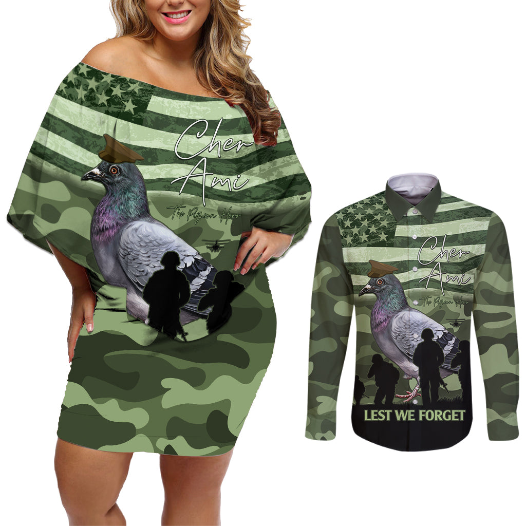 Personalized USA Cher Ami Couples Matching Off Shoulder Short Dress and Long Sleeve Button Shirt Lest We Forget Pigeon Hero - Wonder Print Shop