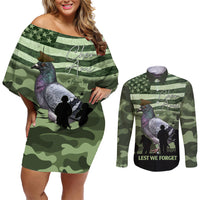 Personalized USA Cher Ami Couples Matching Off Shoulder Short Dress and Long Sleeve Button Shirt Lest We Forget Pigeon Hero - Wonder Print Shop