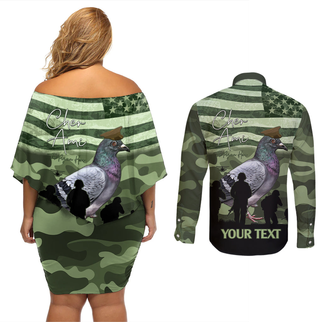 Personalized USA Cher Ami Couples Matching Off Shoulder Short Dress and Long Sleeve Button Shirt Lest We Forget Pigeon Hero - Wonder Print Shop