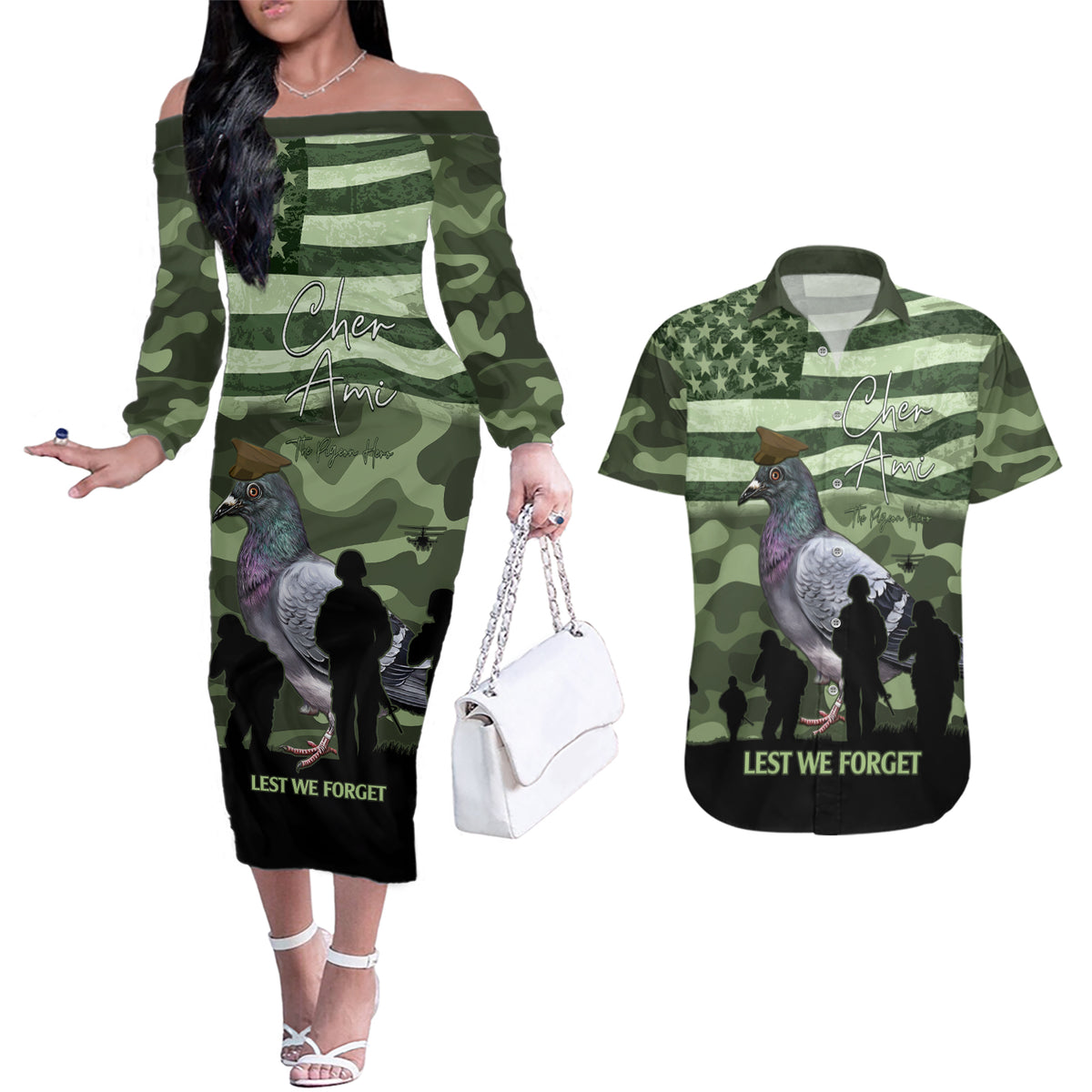 Personalized USA Cher Ami Couples Matching Off The Shoulder Long Sleeve Dress and Hawaiian Shirt Lest We Forget Pigeon Hero - Wonder Print Shop