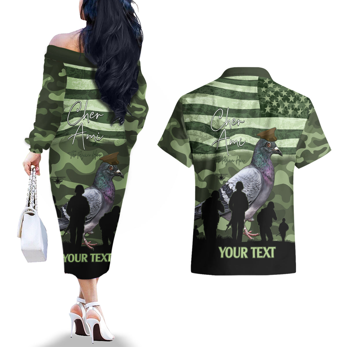 Personalized USA Cher Ami Couples Matching Off The Shoulder Long Sleeve Dress and Hawaiian Shirt Lest We Forget Pigeon Hero - Wonder Print Shop