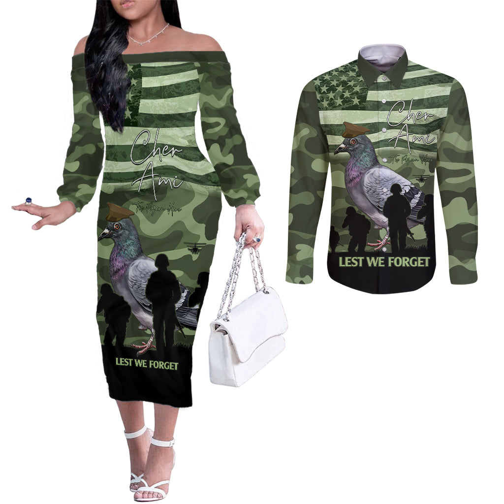 Personalized USA Cher Ami Couples Matching Off The Shoulder Long Sleeve Dress and Long Sleeve Button Shirt Lest We Forget Pigeon Hero