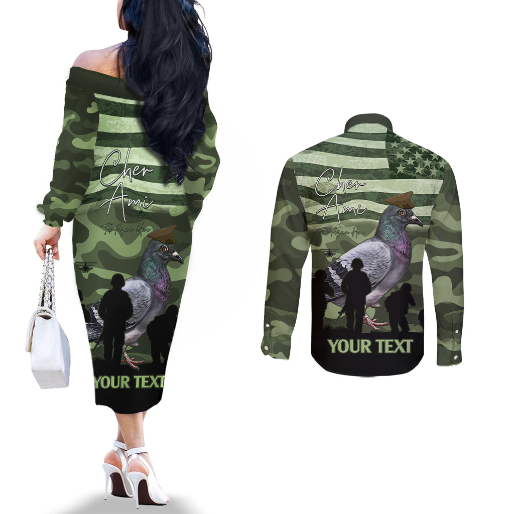 Personalized USA Cher Ami Couples Matching Off The Shoulder Long Sleeve Dress and Long Sleeve Button Shirt Lest We Forget Pigeon Hero