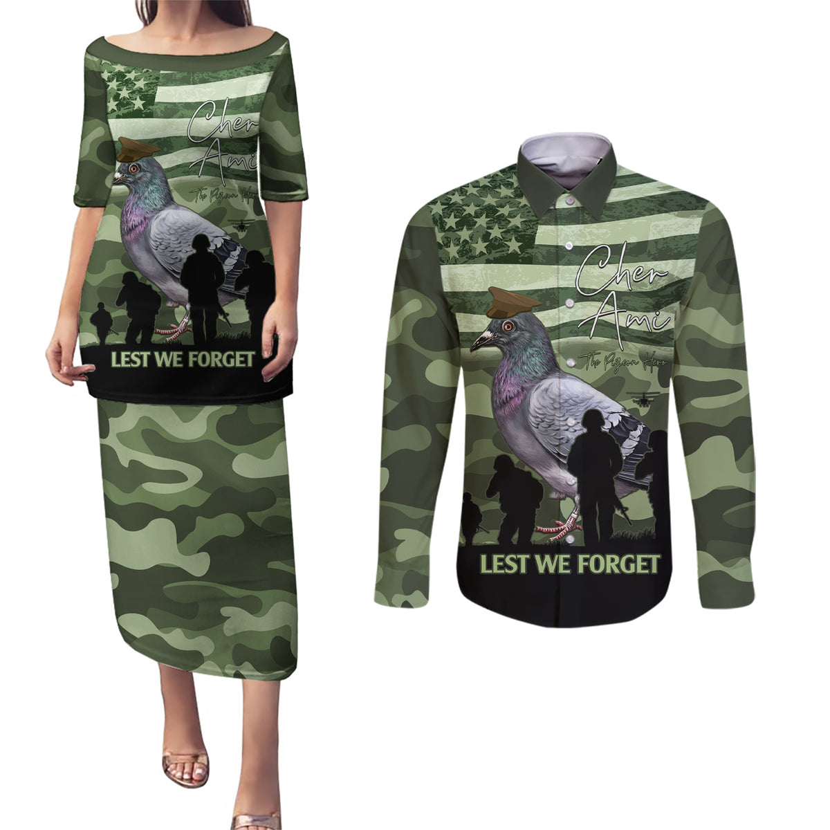 Personalized USA Cher Ami Couples Matching Puletasi and Long Sleeve Button Shirt Lest We Forget Pigeon Hero - Wonder Print Shop