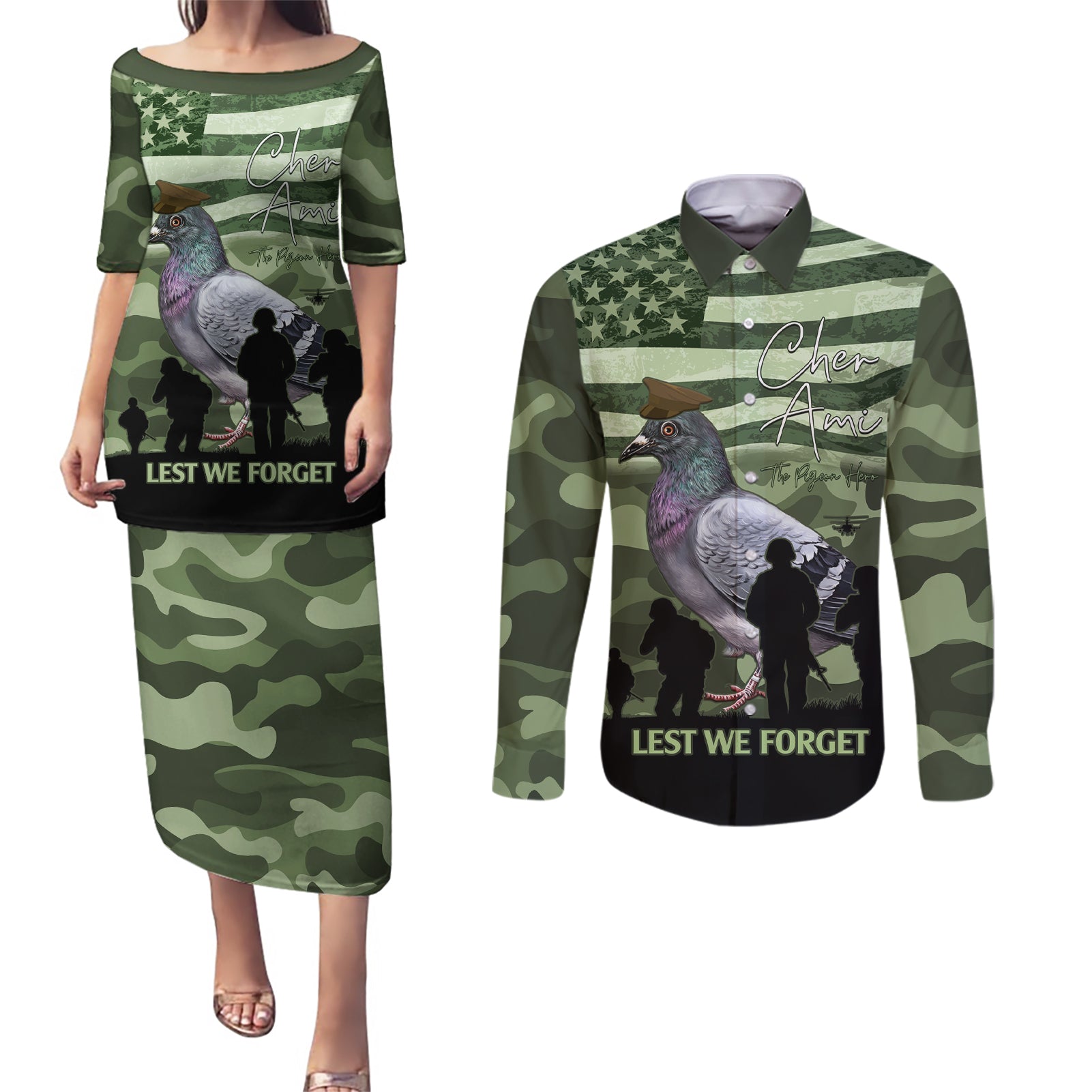 Personalized USA Cher Ami Couples Matching Puletasi and Long Sleeve Button Shirt Lest We Forget Pigeon Hero - Wonder Print Shop