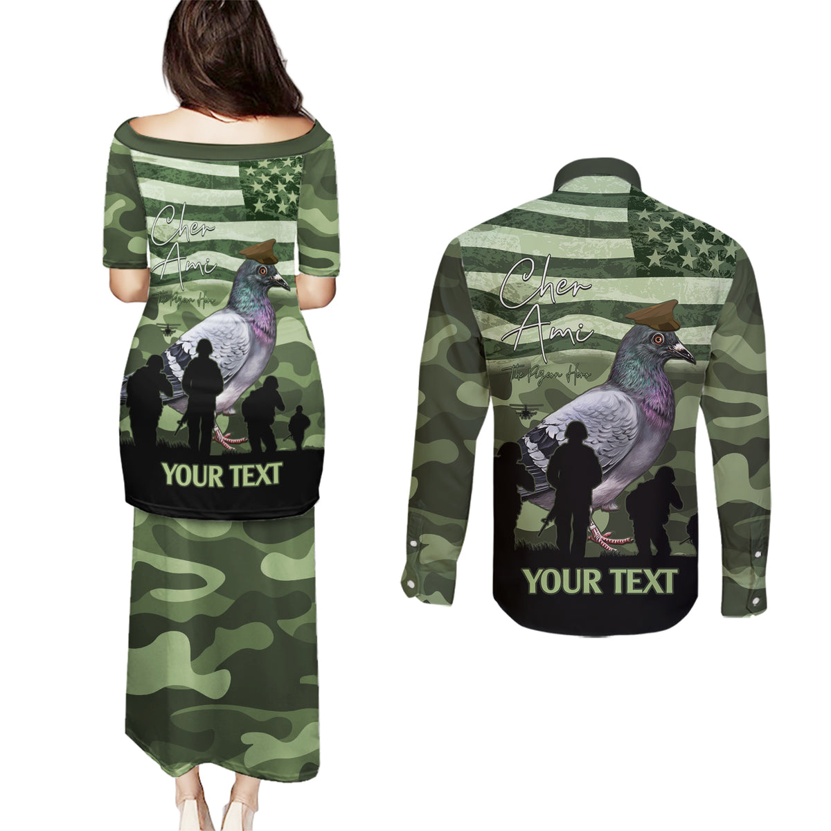 Personalized USA Cher Ami Couples Matching Puletasi and Long Sleeve Button Shirt Lest We Forget Pigeon Hero - Wonder Print Shop