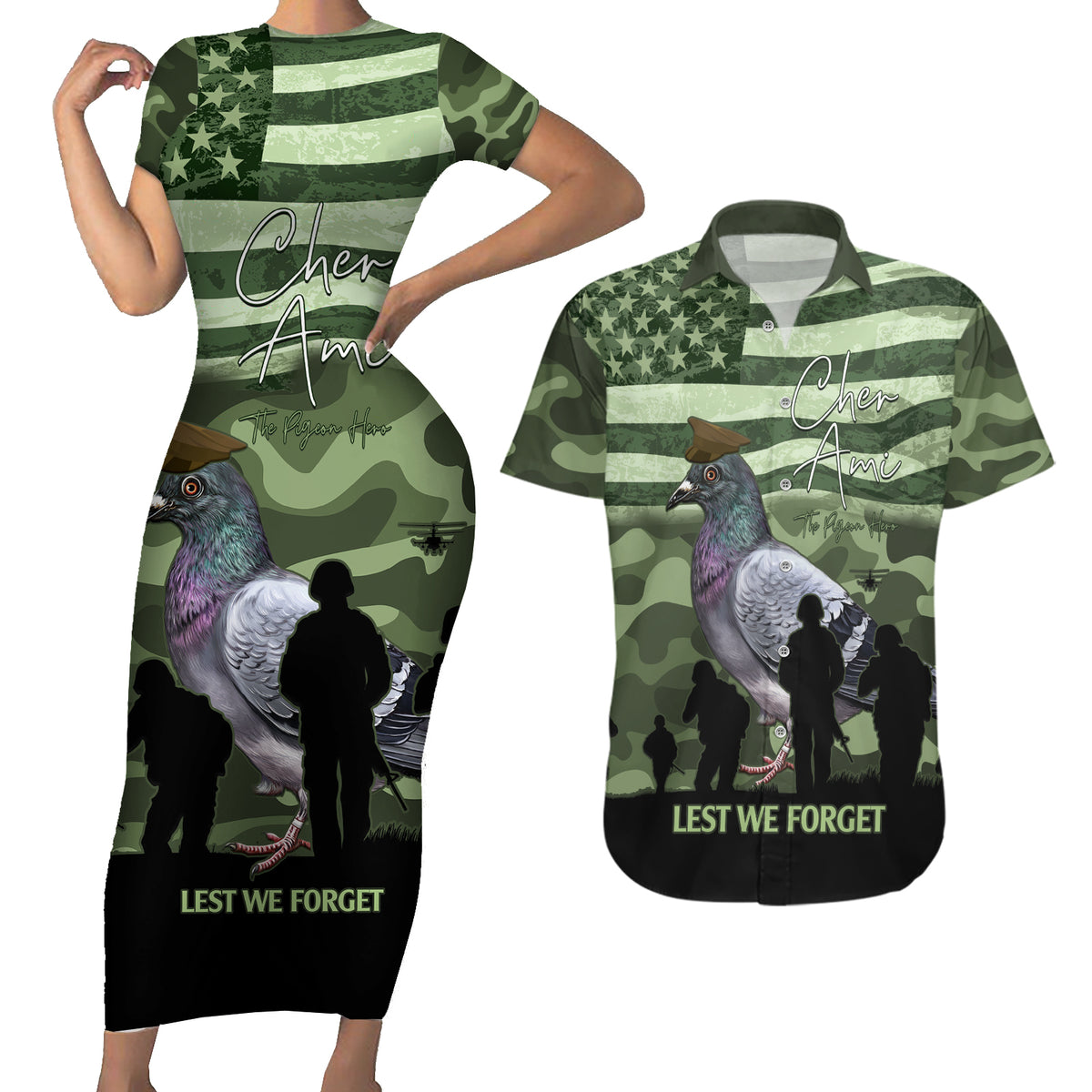 Personalized USA Cher Ami Couples Matching Short Sleeve Bodycon Dress and Hawaiian Shirt Lest We Forget Pigeon Hero - Wonder Print Shop