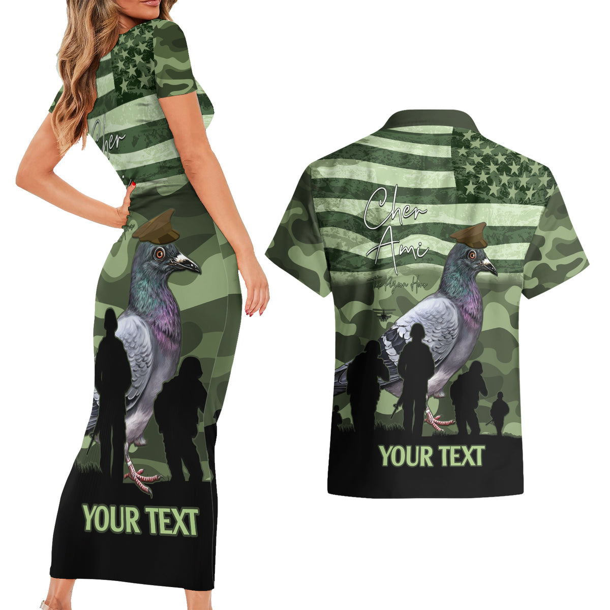 Personalized USA Cher Ami Couples Matching Short Sleeve Bodycon Dress and Hawaiian Shirt Lest We Forget Pigeon Hero - Wonder Print Shop