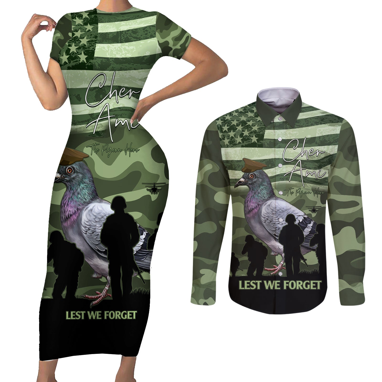 Personalized USA Cher Ami Couples Matching Short Sleeve Bodycon Dress and Long Sleeve Button Shirt Lest We Forget Pigeon Hero - Wonder Print Shop