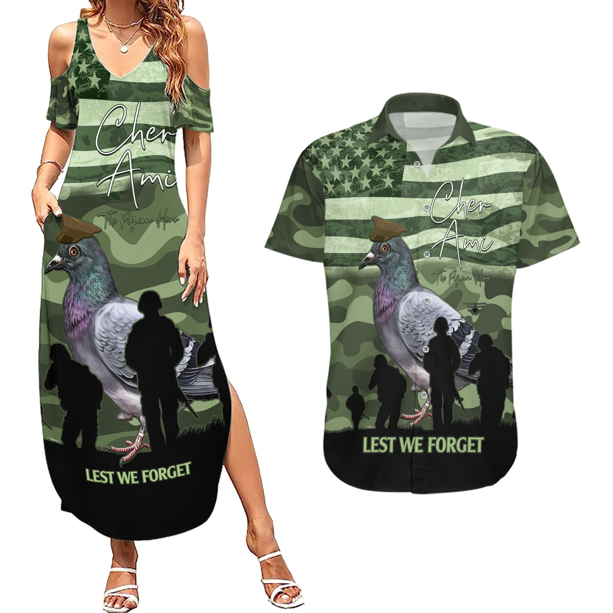 Personalized USA Cher Ami Couples Matching Summer Maxi Dress and Hawaiian Shirt Lest We Forget Pigeon Hero - Wonder Print Shop