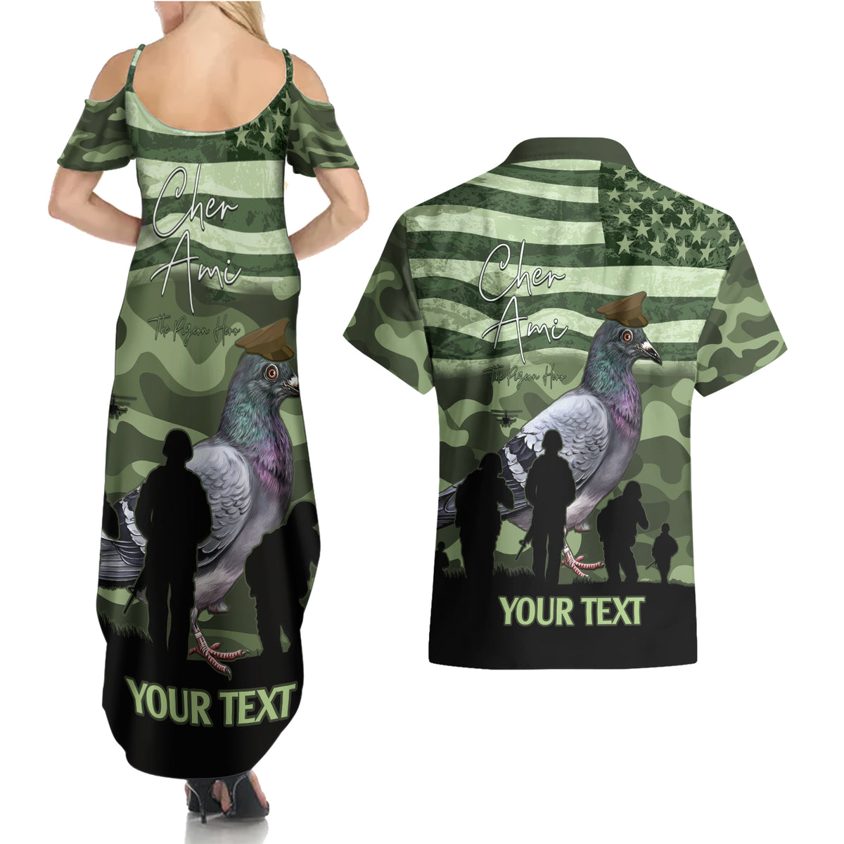 Personalized USA Cher Ami Couples Matching Summer Maxi Dress and Hawaiian Shirt Lest We Forget Pigeon Hero - Wonder Print Shop