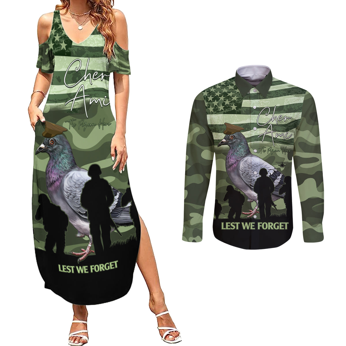 Personalized USA Cher Ami Couples Matching Summer Maxi Dress and Long Sleeve Button Shirt Lest We Forget Pigeon Hero - Wonder Print Shop