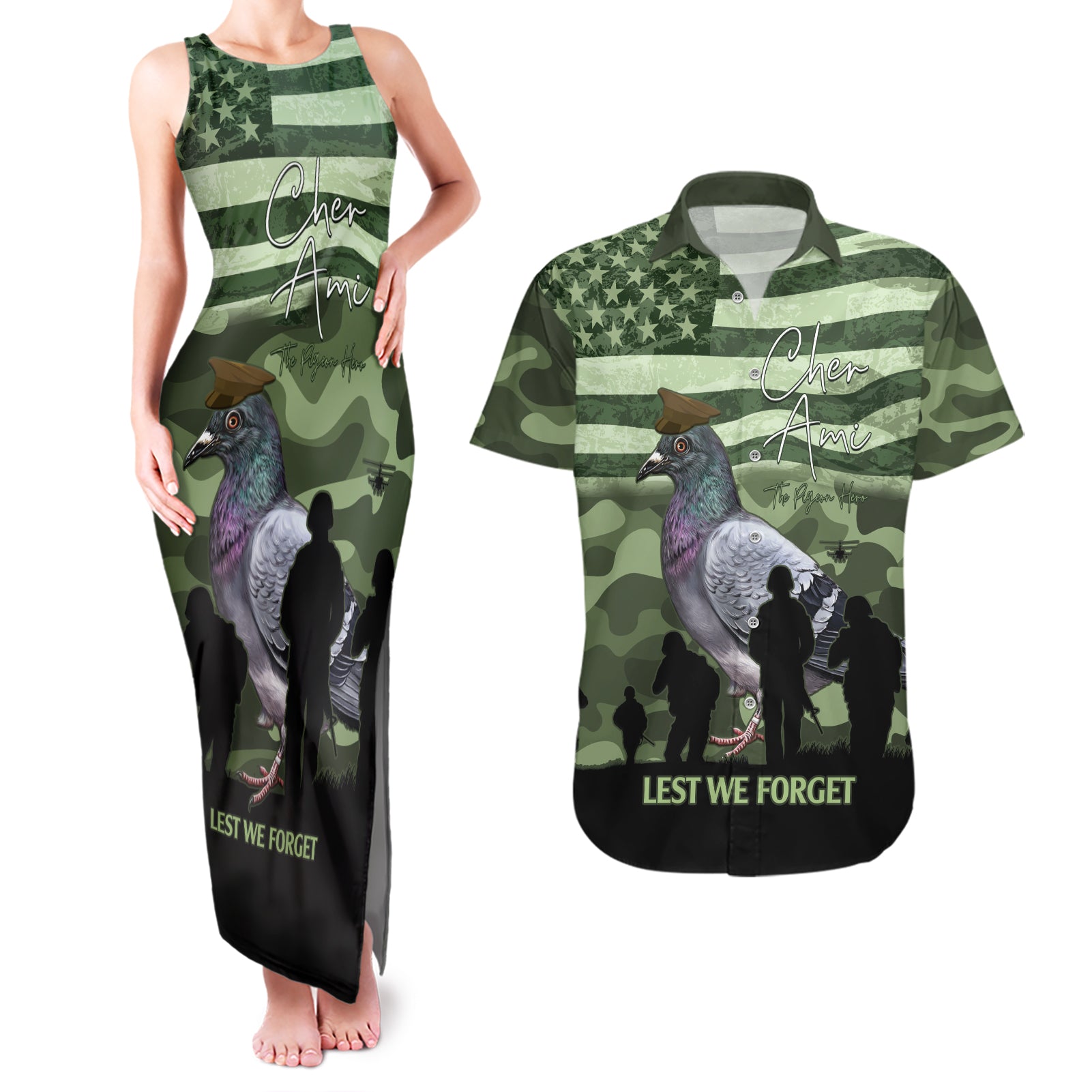 Personalized USA Cher Ami Couples Matching Tank Maxi Dress and Hawaiian Shirt Lest We Forget Pigeon Hero - Wonder Print Shop