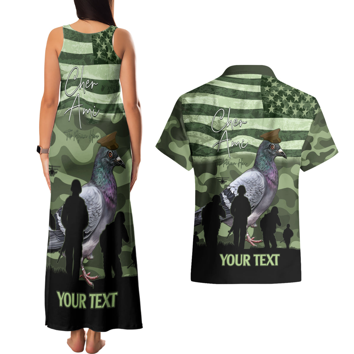 Personalized USA Cher Ami Couples Matching Tank Maxi Dress and Hawaiian Shirt Lest We Forget Pigeon Hero - Wonder Print Shop
