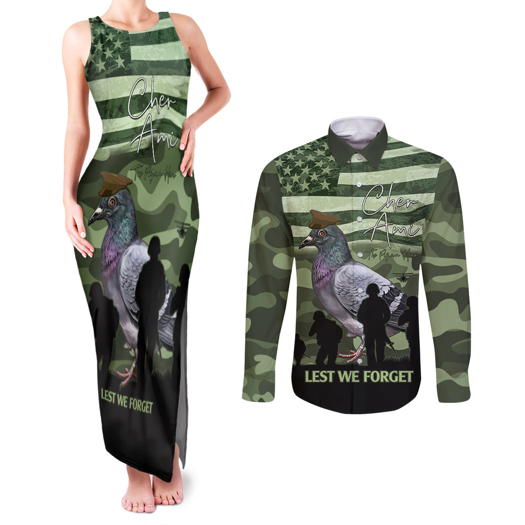 Personalized USA Cher Ami Couples Matching Tank Maxi Dress and Long Sleeve Button Shirt Lest We Forget Pigeon Hero - Wonder Print Shop