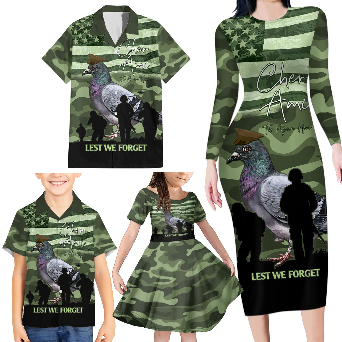Personalized USA Cher Ami Family Matching Long Sleeve Bodycon Dress and Hawaiian Shirt Lest We Forget Pigeon Hero - Wonder Print Shop