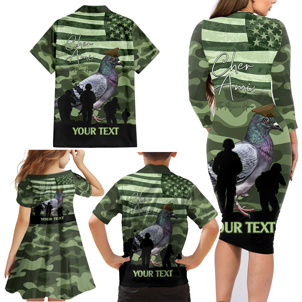 Personalized USA Cher Ami Family Matching Long Sleeve Bodycon Dress and Hawaiian Shirt Lest We Forget Pigeon Hero - Wonder Print Shop