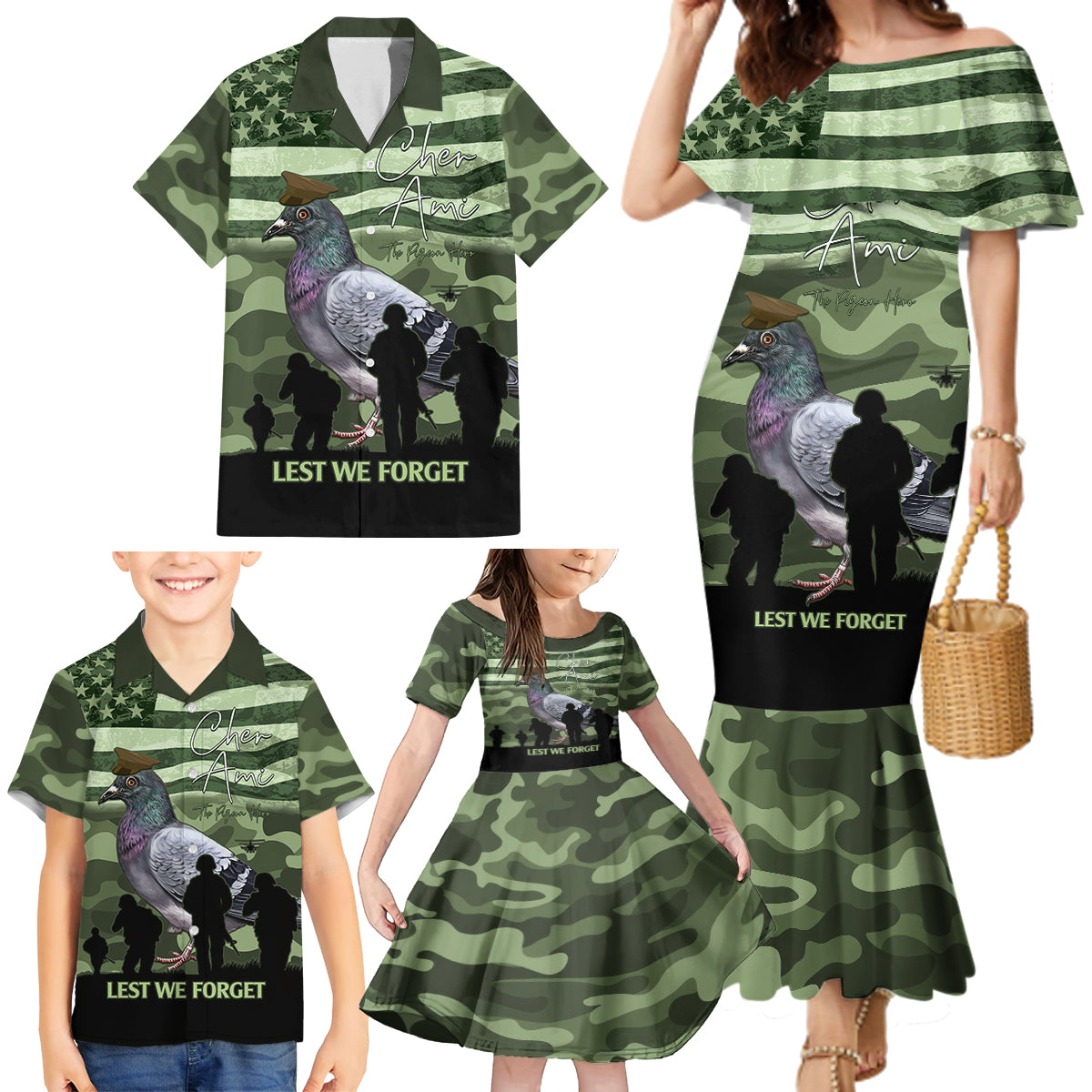 Personalized USA Cher Ami Family Matching Mermaid Dress and Hawaiian Shirt Lest We Forget Pigeon Hero - Wonder Print Shop