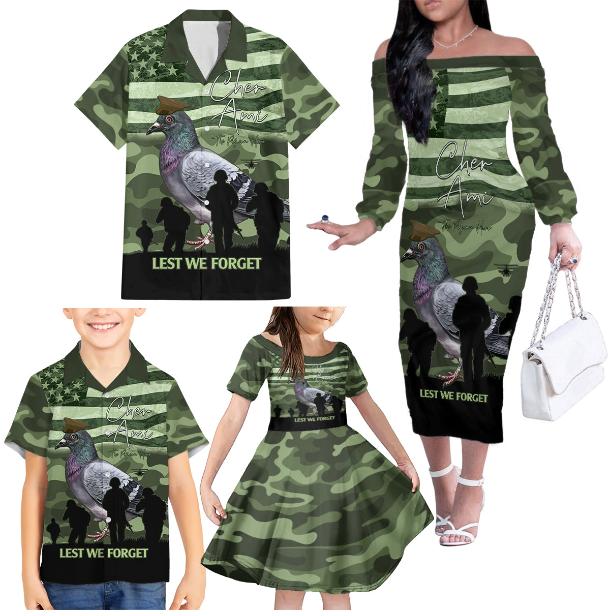 Personalized USA Cher Ami Family Matching Off The Shoulder Long Sleeve Dress and Hawaiian Shirt Lest We Forget Pigeon Hero - Wonder Print Shop