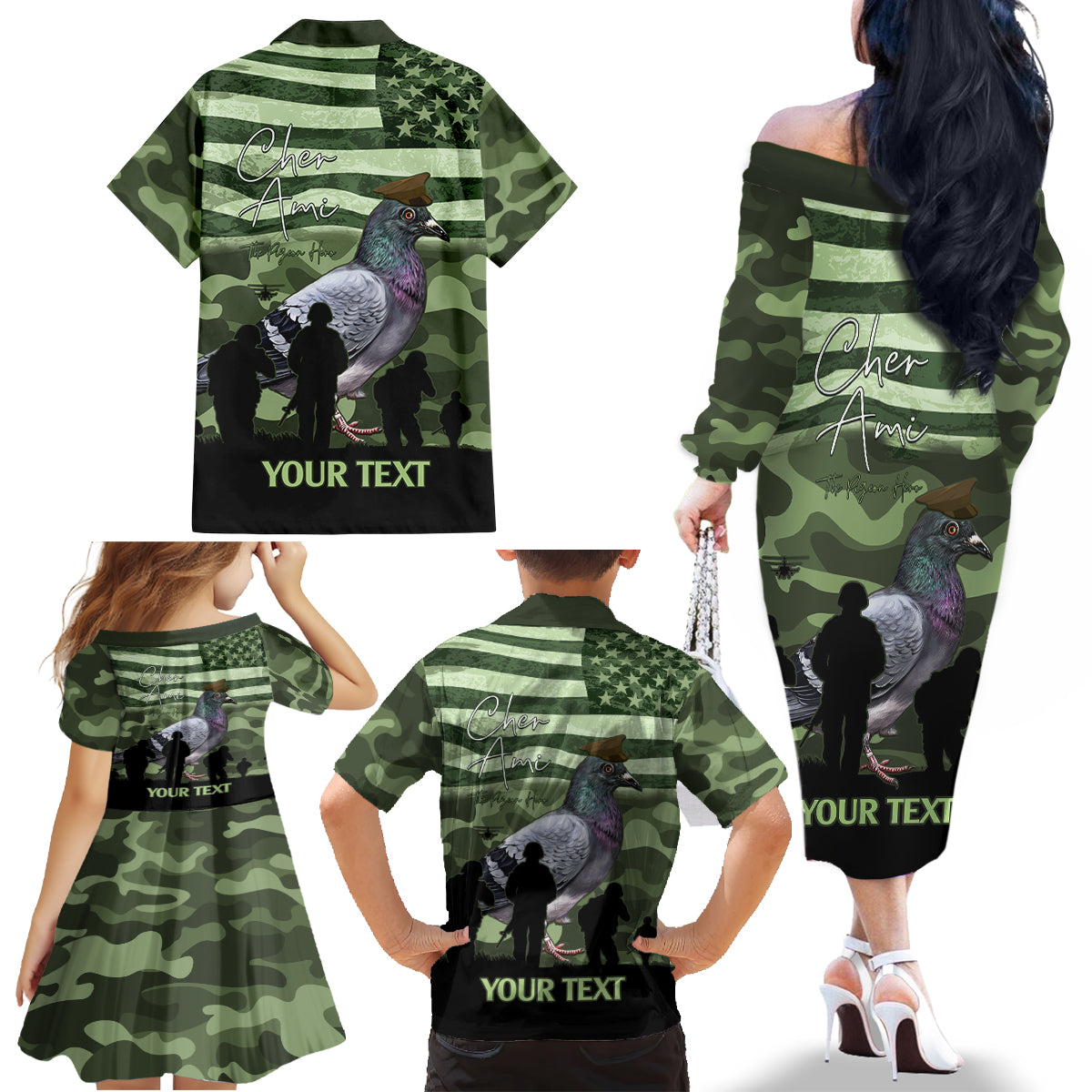 Personalized USA Cher Ami Family Matching Off The Shoulder Long Sleeve Dress and Hawaiian Shirt Lest We Forget Pigeon Hero - Wonder Print Shop