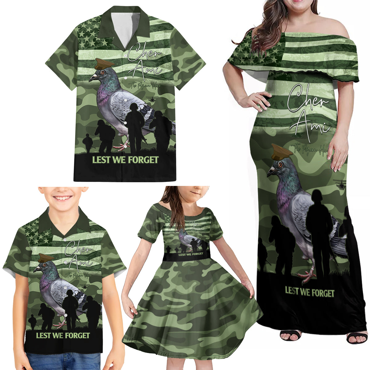 Personalized USA Cher Ami Family Matching Off Shoulder Maxi Dress and Hawaiian Shirt Lest We Forget Pigeon Hero - Wonder Print Shop