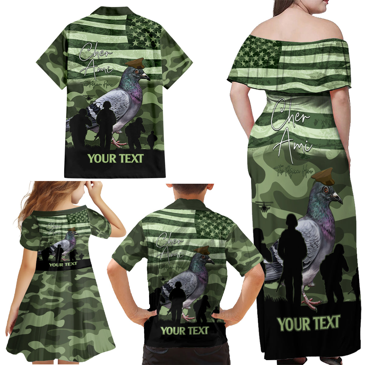 Personalized USA Cher Ami Family Matching Off Shoulder Maxi Dress and Hawaiian Shirt Lest We Forget Pigeon Hero - Wonder Print Shop