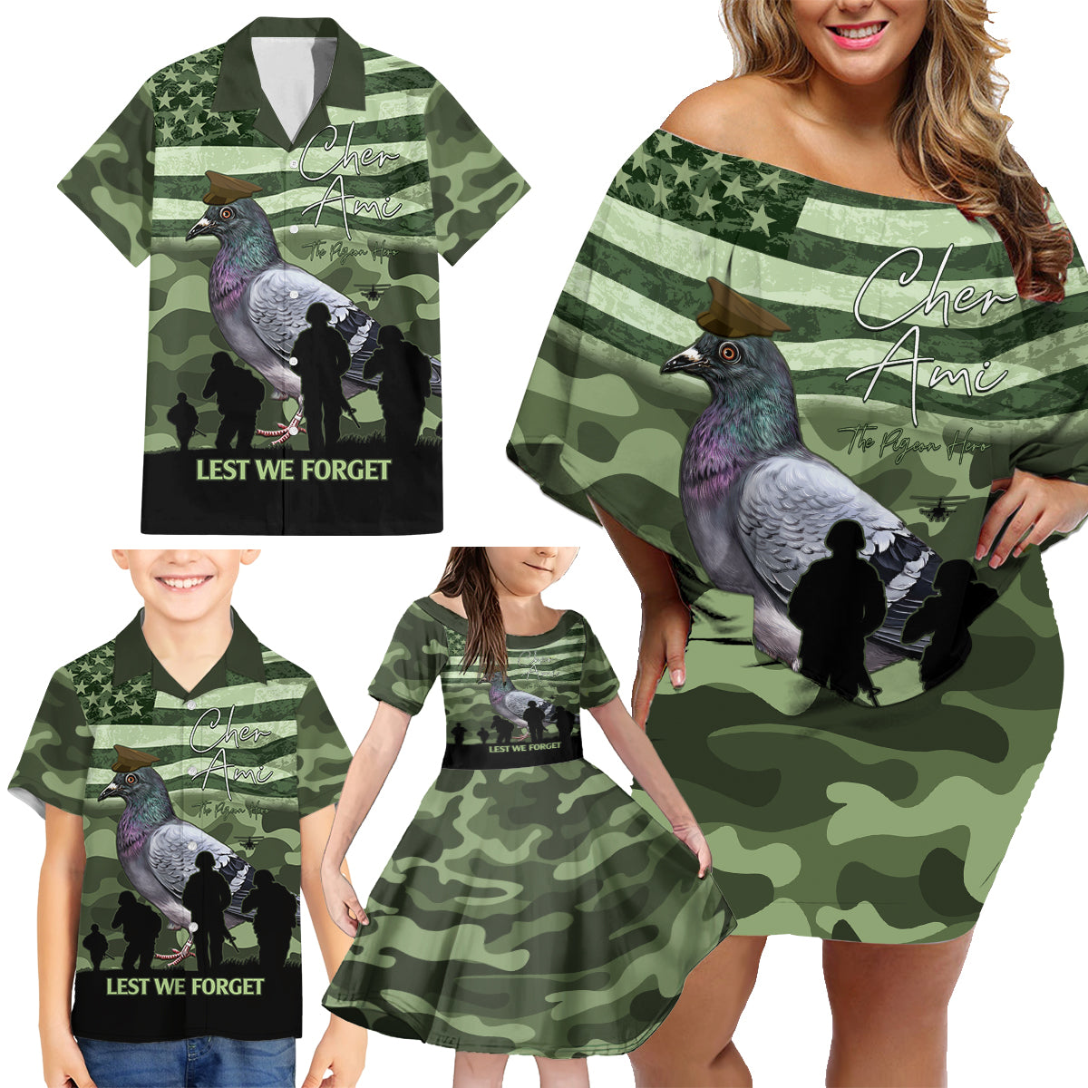 Personalized USA Cher Ami Family Matching Off Shoulder Short Dress and Hawaiian Shirt Lest We Forget Pigeon Hero - Wonder Print Shop