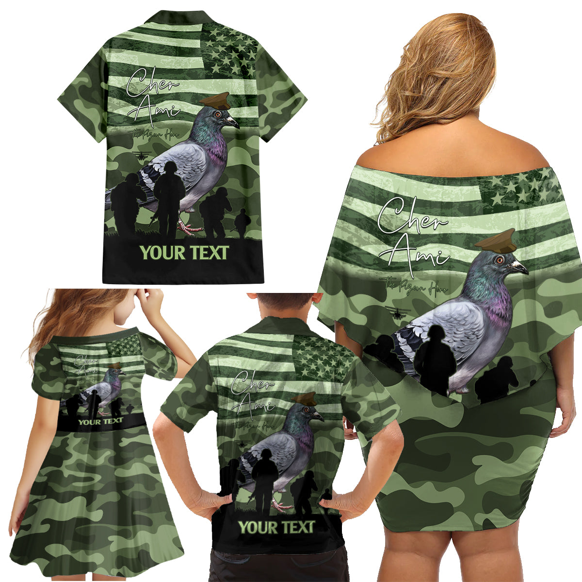 Personalized USA Cher Ami Family Matching Off Shoulder Short Dress and Hawaiian Shirt Lest We Forget Pigeon Hero - Wonder Print Shop