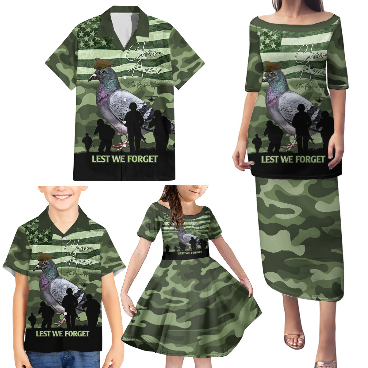 Personalized USA Cher Ami Family Matching Puletasi and Hawaiian Shirt Lest We Forget Pigeon Hero - Wonder Print Shop