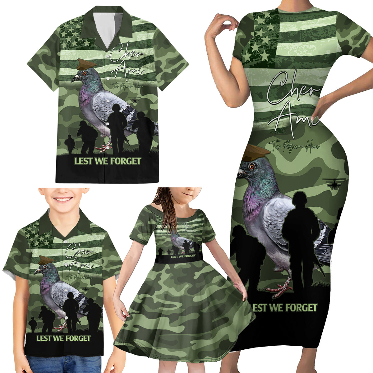 Personalized USA Cher Ami Family Matching Short Sleeve Bodycon Dress and Hawaiian Shirt Lest We Forget Pigeon Hero - Wonder Print Shop