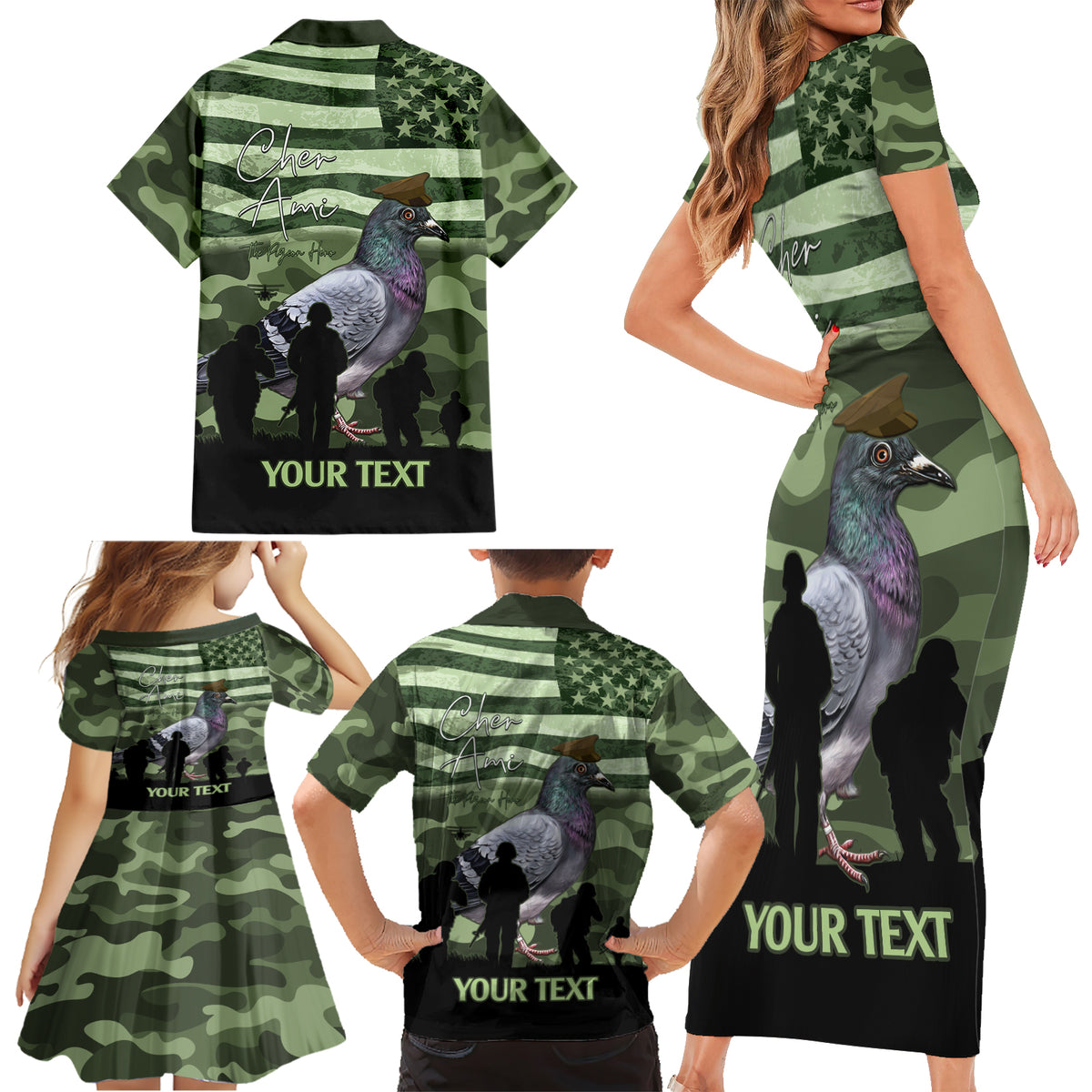 Personalized USA Cher Ami Family Matching Short Sleeve Bodycon Dress and Hawaiian Shirt Lest We Forget Pigeon Hero - Wonder Print Shop