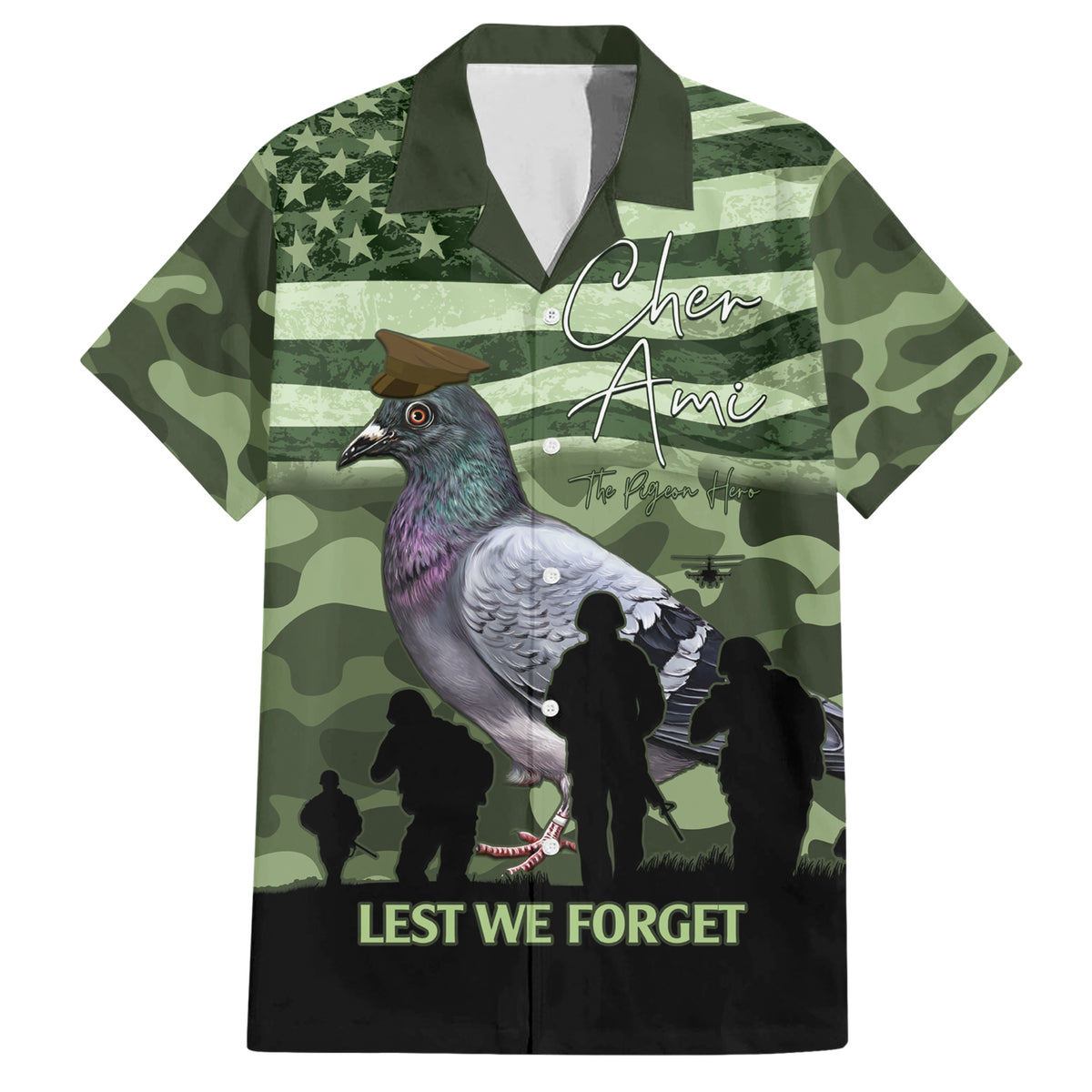 Personalized USA Cher Ami Family Matching Short Sleeve Bodycon Dress and Hawaiian Shirt Lest We Forget Pigeon Hero - Wonder Print Shop