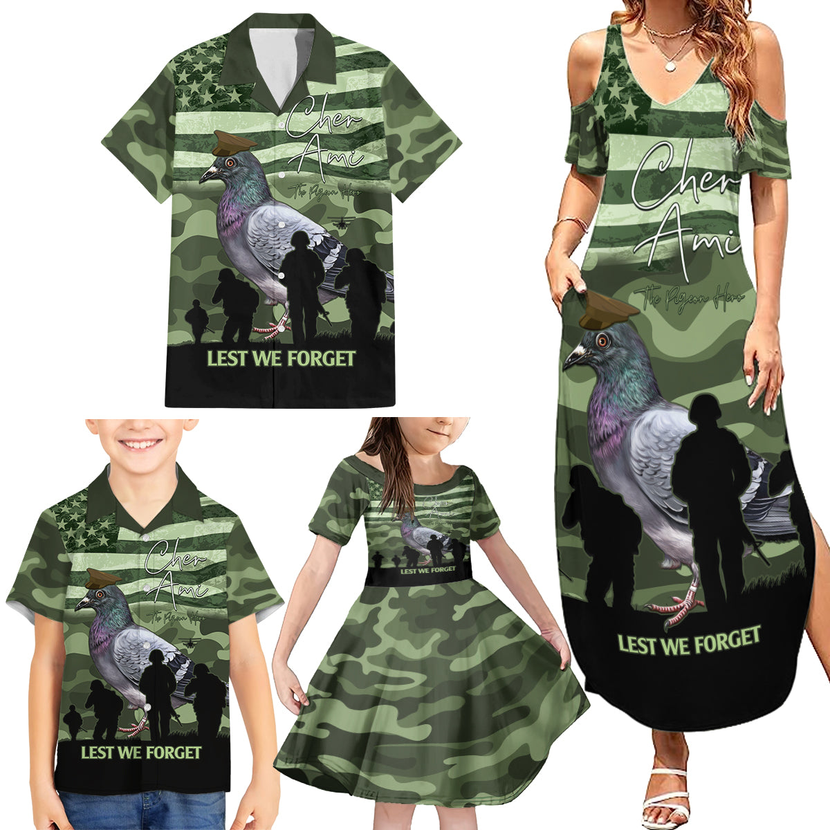 Personalized USA Cher Ami Family Matching Summer Maxi Dress and Hawaiian Shirt Lest We Forget Pigeon Hero - Wonder Print Shop