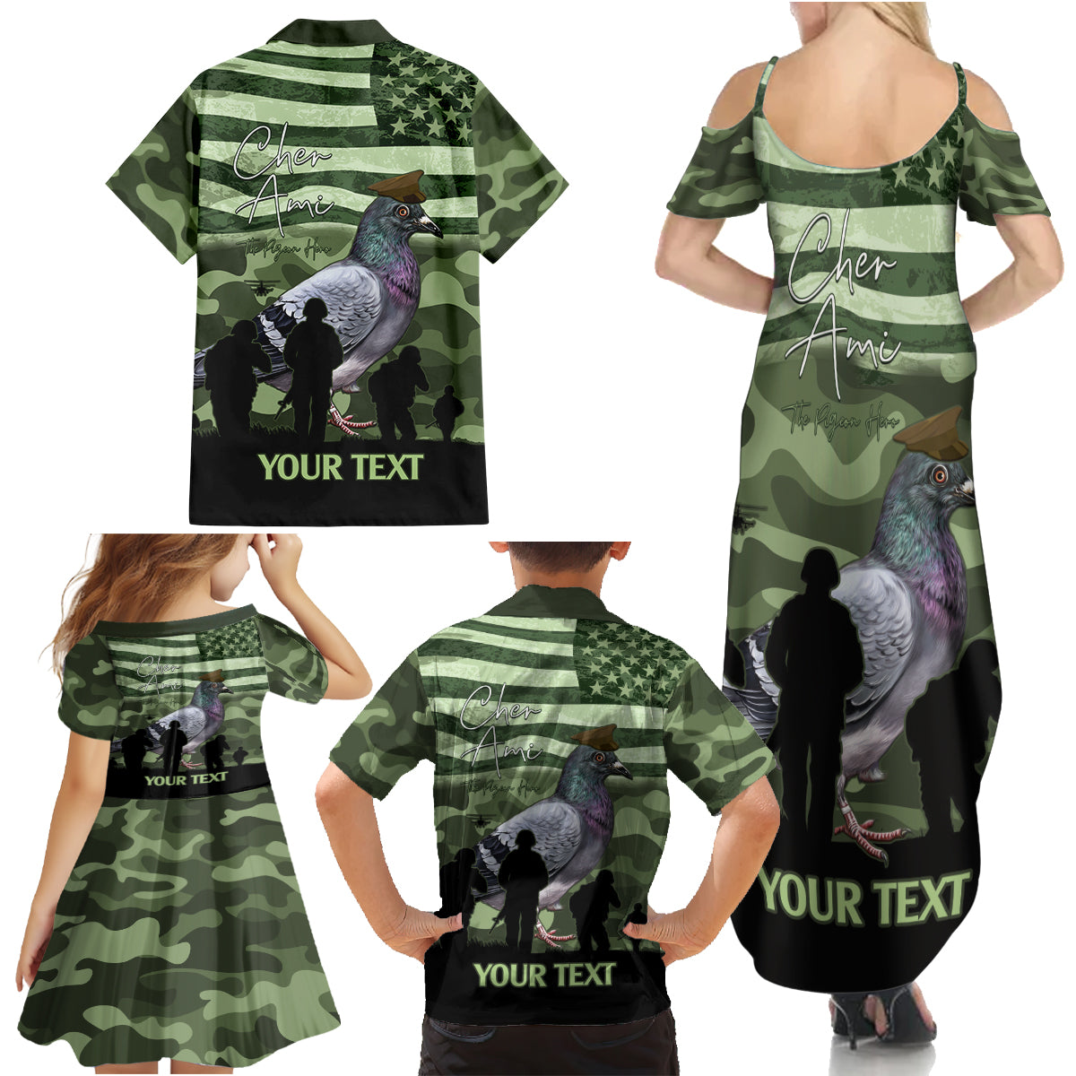 Personalized USA Cher Ami Family Matching Summer Maxi Dress and Hawaiian Shirt Lest We Forget Pigeon Hero - Wonder Print Shop