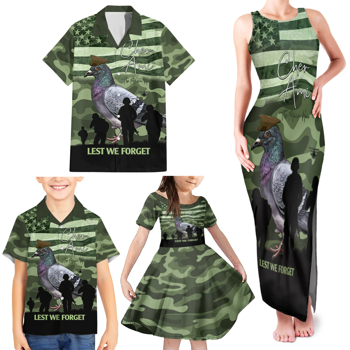 Personalized USA Cher Ami Family Matching Tank Maxi Dress and Hawaiian Shirt Lest We Forget Pigeon Hero - Wonder Print Shop