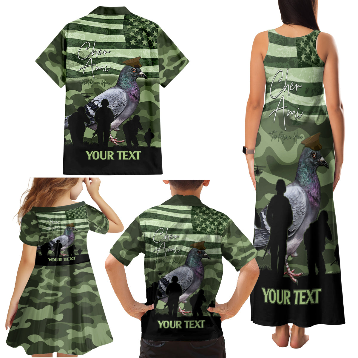 Personalized USA Cher Ami Family Matching Tank Maxi Dress and Hawaiian Shirt Lest We Forget Pigeon Hero - Wonder Print Shop