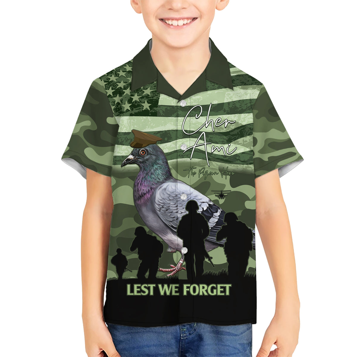 Personalized USA Cher Ami Kid Hawaiian Shirt Lest We Forget Pigeon Hero - Wonder Print Shop