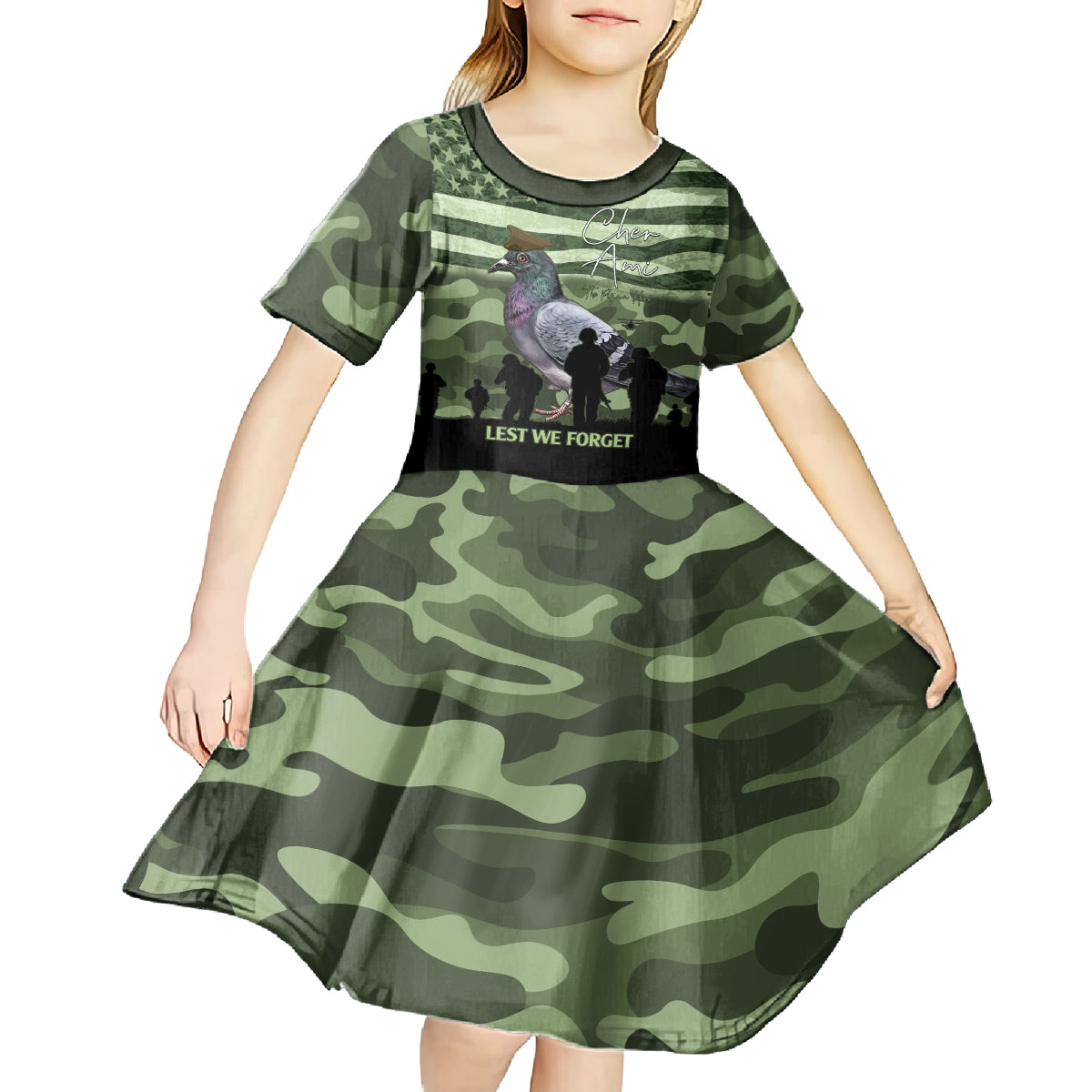Personalized USA Cher Ami Kid Short Sleeve Dress Lest We Forget Pigeon Hero - Wonder Print Shop