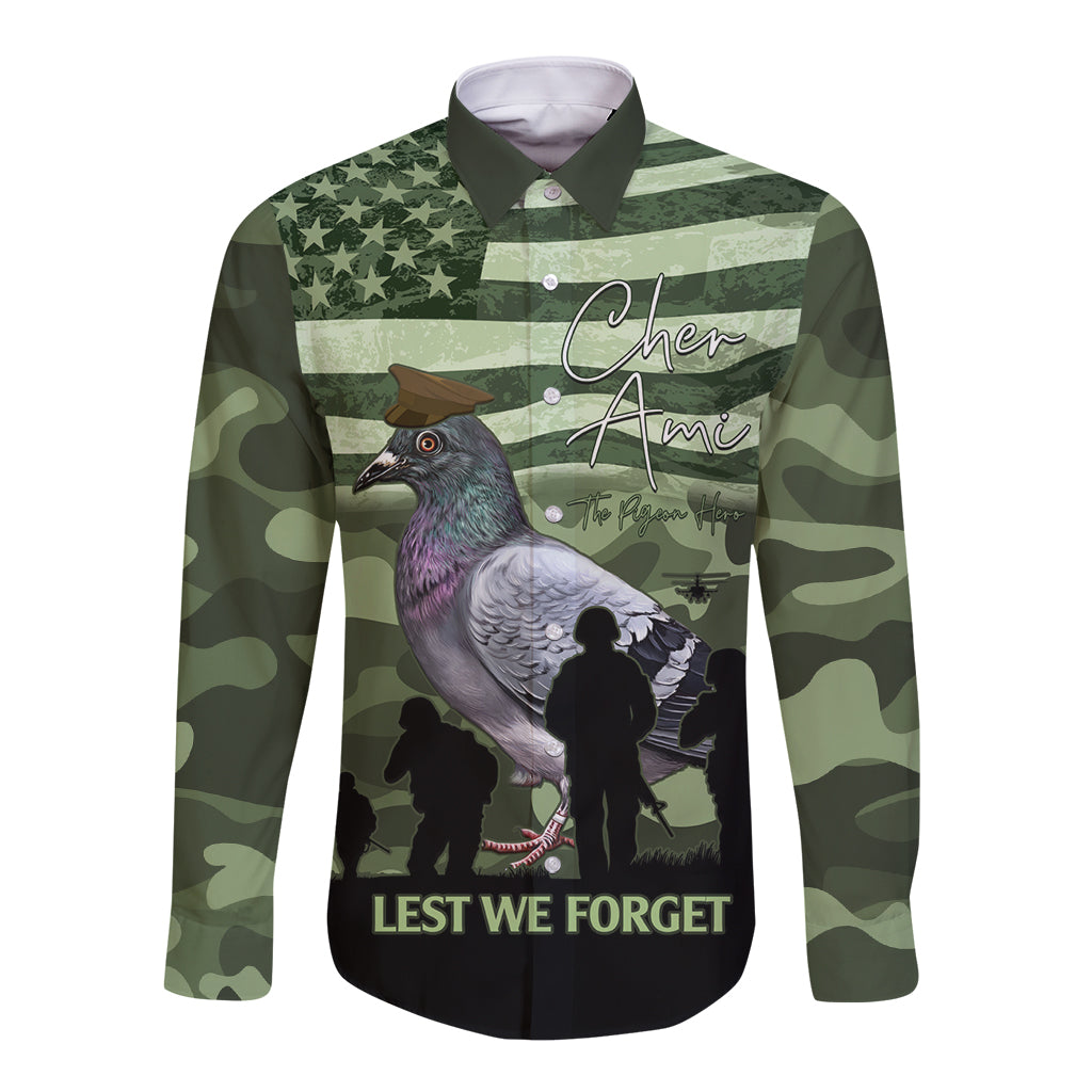 Personalized USA Cher Ami Long Sleeve Button Shirt Lest We Forget Pigeon Hero - Wonder Print Shop