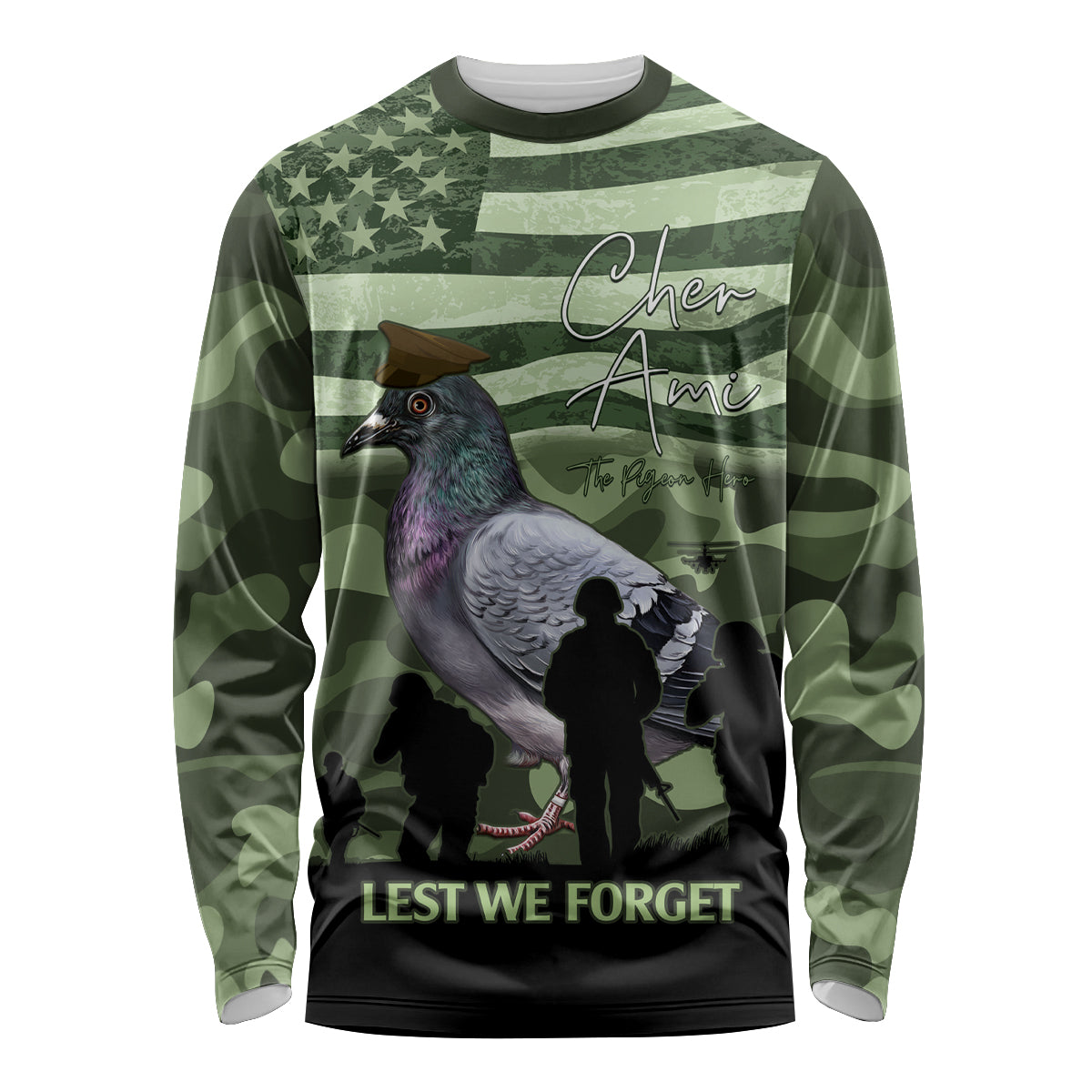 Personalized USA Cher Ami Long Sleeve Shirt Lest We Forget Pigeon Hero - Wonder Print Shop