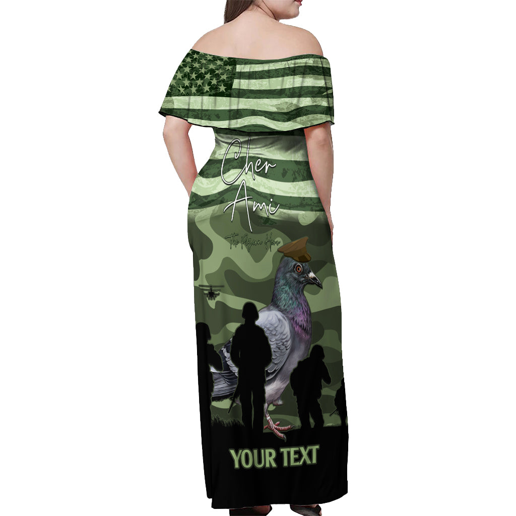 Personalized USA Cher Ami Off Shoulder Maxi Dress Lest We Forget Pigeon Hero - Wonder Print Shop