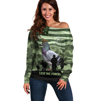 Personalized USA Cher Ami Off Shoulder Sweater Lest We Forget Pigeon Hero - Wonder Print Shop