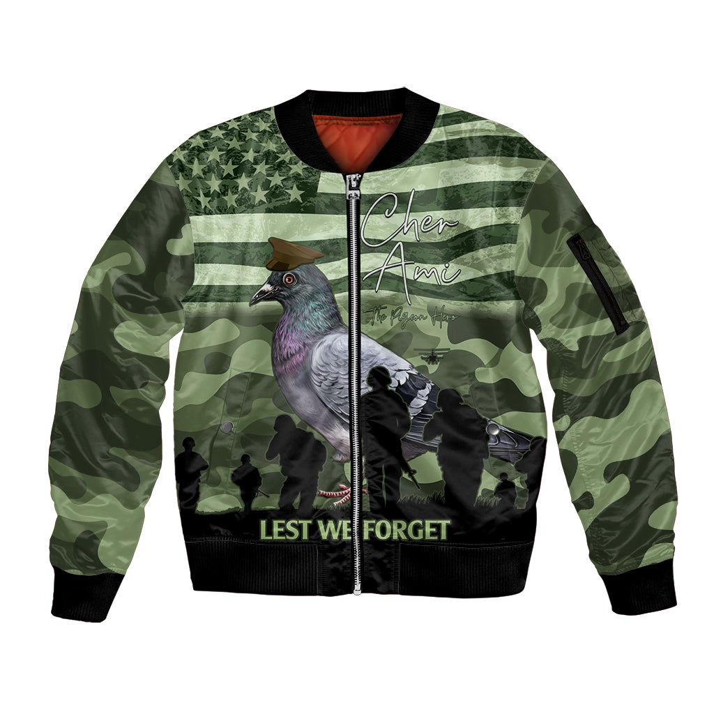 Personalized USA Cher Ami Sleeve Zip Bomber Jacket Lest We Forget Pigeon Hero - Wonder Print Shop