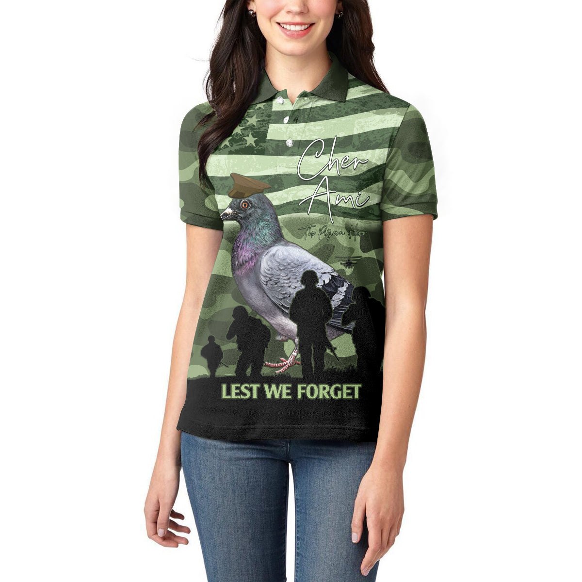 Personalized USA Cher Ami Women Polo Shirt Lest We Forget Pigeon Hero - Wonder Print Shop