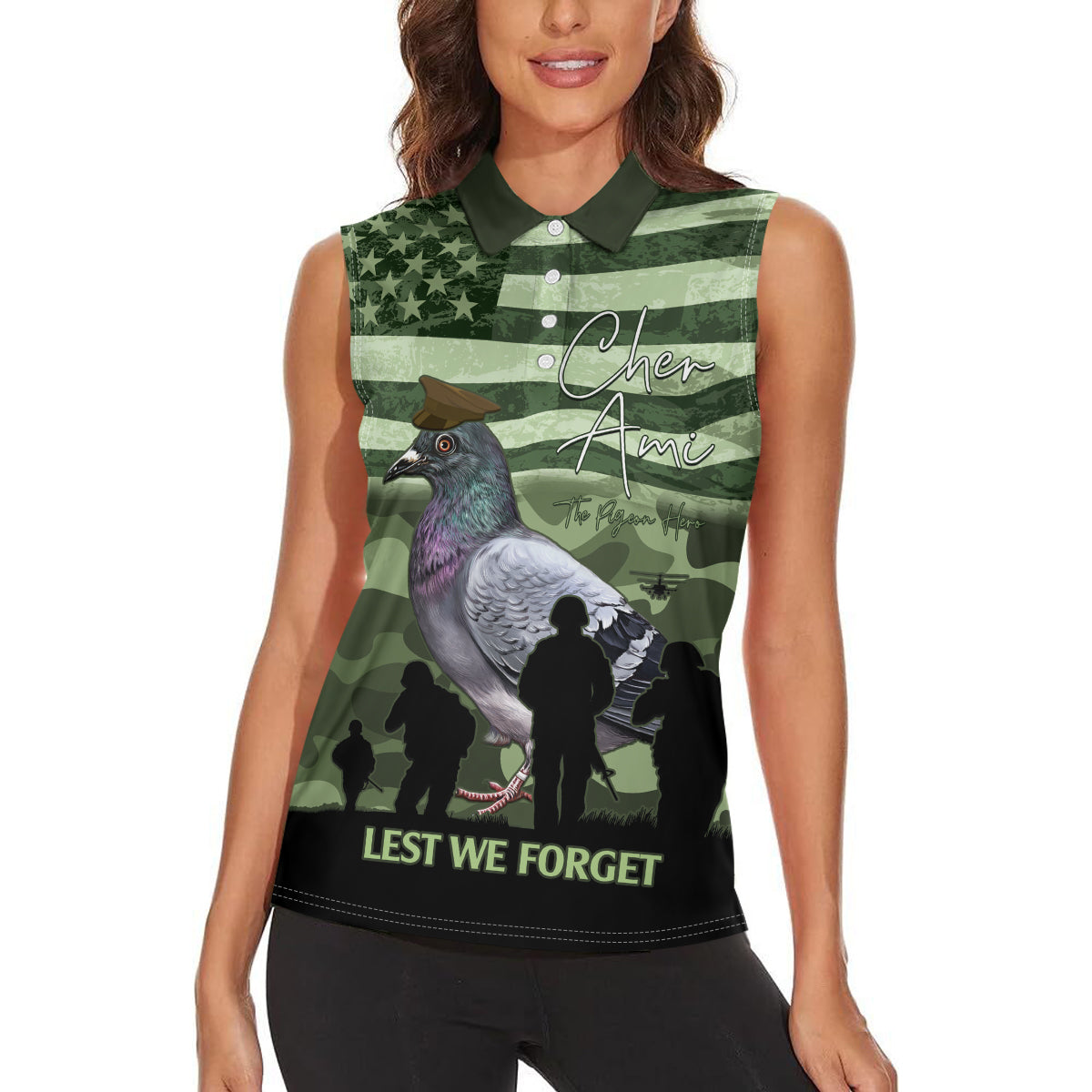 Personalized USA Cher Ami Women Sleeveless Polo Shirt Lest We Forget Pigeon Hero - Wonder Print Shop