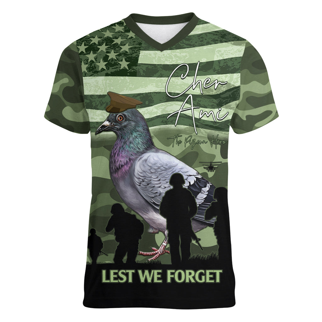 Personalized USA Cher Ami Women V-Neck T-Shirt Lest We Forget Pigeon Hero - Wonder Print Shop